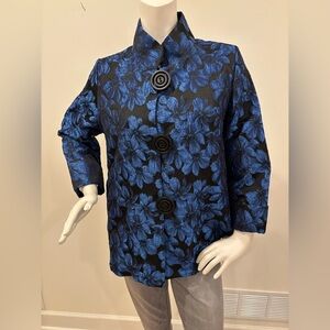 IC by Connie K Black Blue & Metallic Floral Jacquard Pleated Jacket, Large